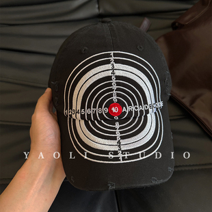 YAOLI美式复古靶心10环刺绣做旧磨破棒球帽子女户外遮阳鸭舌帽男