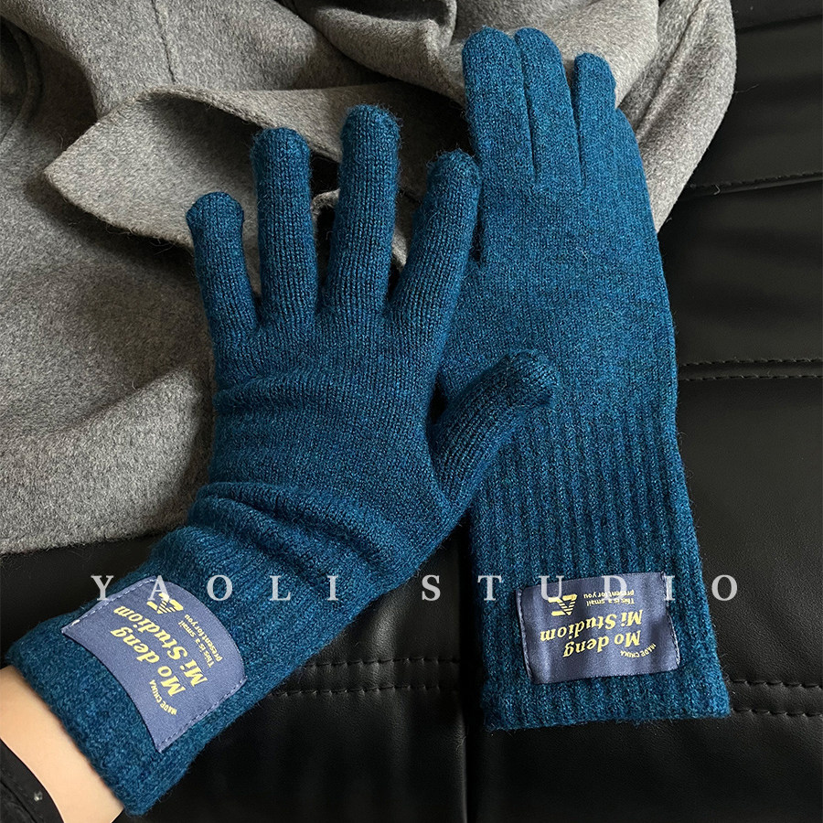 YAOLI普鲁士蓝～时髦针织露指可触屏毛线手套女秋冬保暖骑行防寒