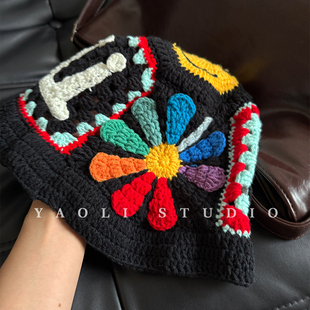 YAOLI权志龙GD同款手工钩针雏菊笑脸渔夫帽子女秋冬针织毛线盆帽