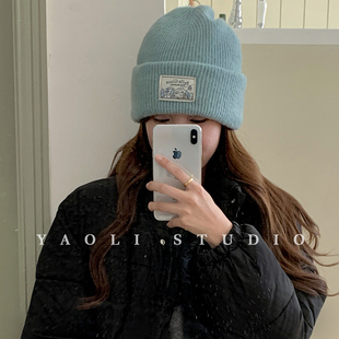 YAOLI～复古贴布毛线针织帽子女2025秋冬保暖护耳防寒套头冷帽
