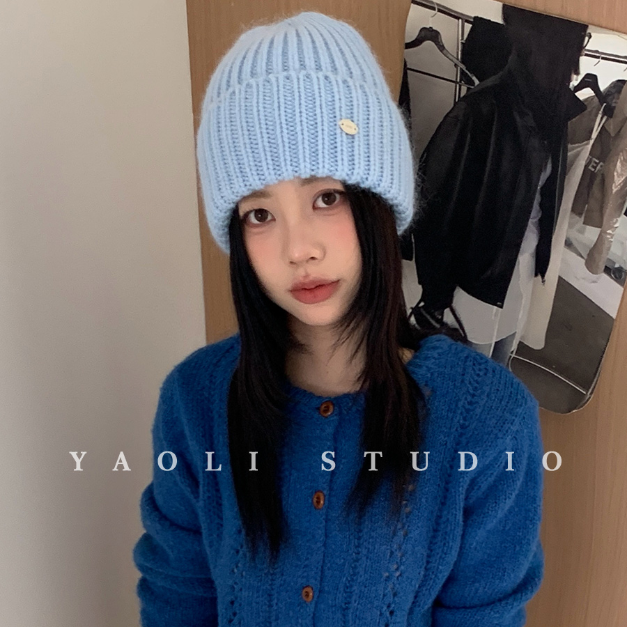 YAOLI20兔毛～秋冬保暖针织毛线帽子女防寒金属标显脸小套头帽韩