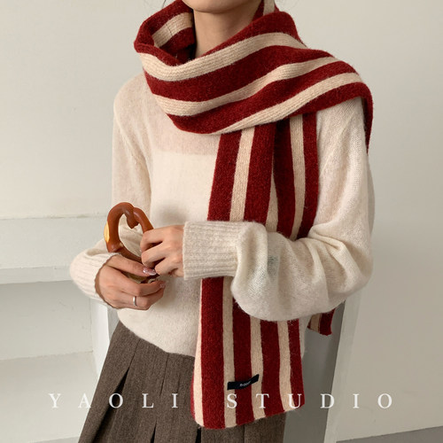 YAOLI费尔岛条纹～韩系氛围感针织围巾女2026秋冬保暖防寒护围脖