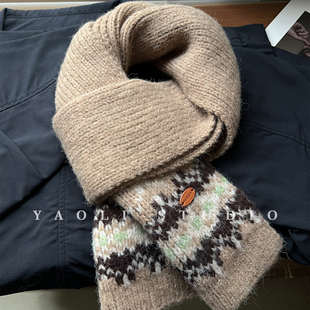 YAOLI燕麦色～韩系经典费尔岛风提花皮标围巾女秋冬保暖护颈围脖
