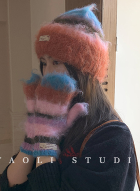 YAOLI配色hin好看～韩系秋冬ins氛围感毛绒套头帽子保暖手套女潮