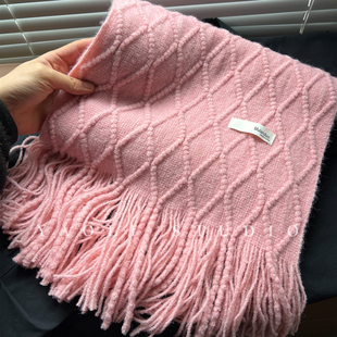 YAOLI朝霞粉～韩系菱形麻花针织流苏围巾女秋冬保暖防寒护颈围脖