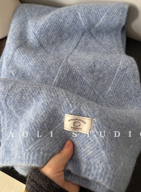 YAOLI雾蓝色～韩系复古菱形格子针织围巾女秋冬保暖护颈围脖男韩