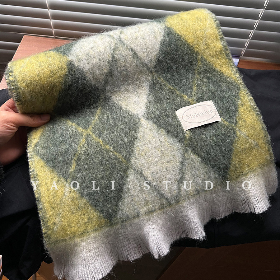 YAOLI茶枯黄绿色～秋冬加厚保暖菱形格围巾女防寒披肩护颈围脖韩