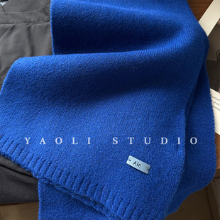 YAOLI中酞蓝～韩系软糯纯色针织Ain皮标围巾女秋冬保暖防寒围脖男
