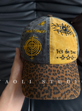 YAOLI美式复古刺绣豹纹拼色水洗棒球帽子女户外遮阳大头围鸭舌帽