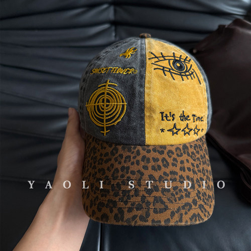 YAOLI美式复古刺绣豹纹拼色水洗棒球帽子女户外遮阳大头围鸭舌帽