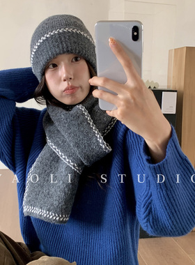 YAOLI撞色锁边两件套～韩系护颈围巾套装女秋冬加厚保暖毛线帽子
