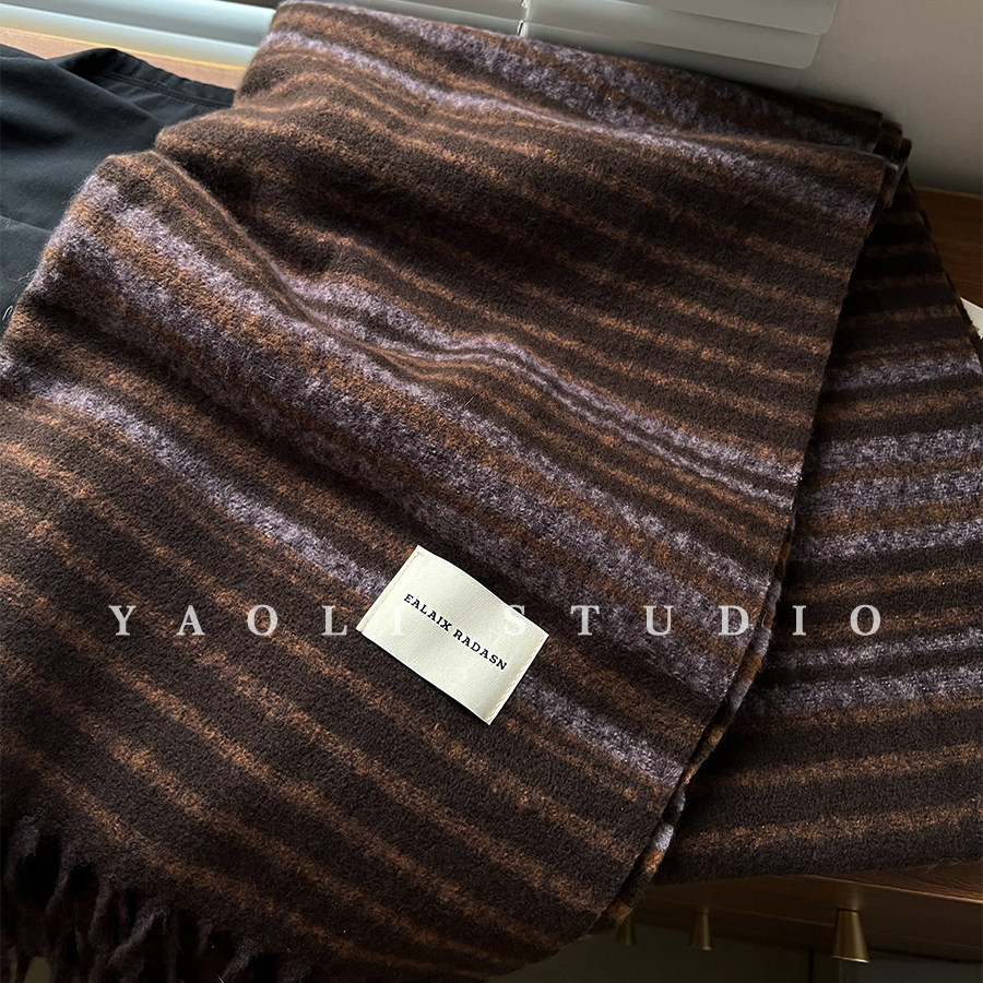 YAOLI显白咖紫横条纹仿羊绒流苏围巾女秋冬保暖氛围感披肩围脖韩