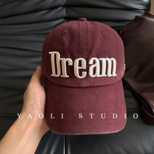 YAOLI美式复古Dream刺绣做旧棒球帽子女户外遮阳大头围软顶鸭舌帽