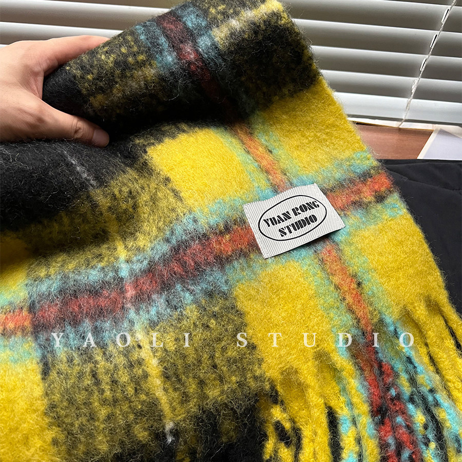 YAOLI日落黄格氛围感拉毛流苏围巾女秋冬显白保暖防寒护颈围脖韩
