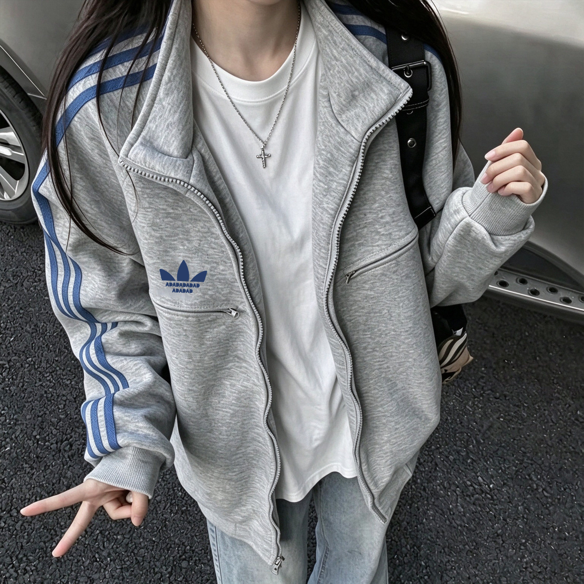 品牌折扣丨新秋款三条杠卫衣外套上衣休闲运动灰拉链开衫男女百搭