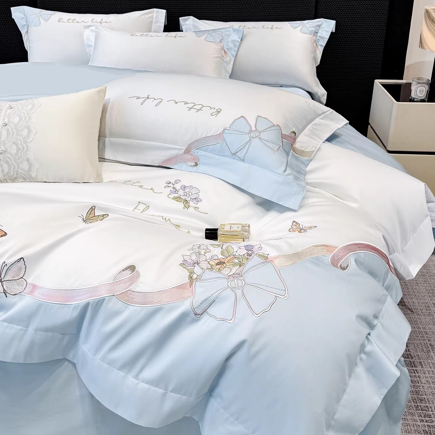 轻奢母婴A类新疆长绒棉四件套裸睡花卉刺绣全棉被套纯棉床上用品4