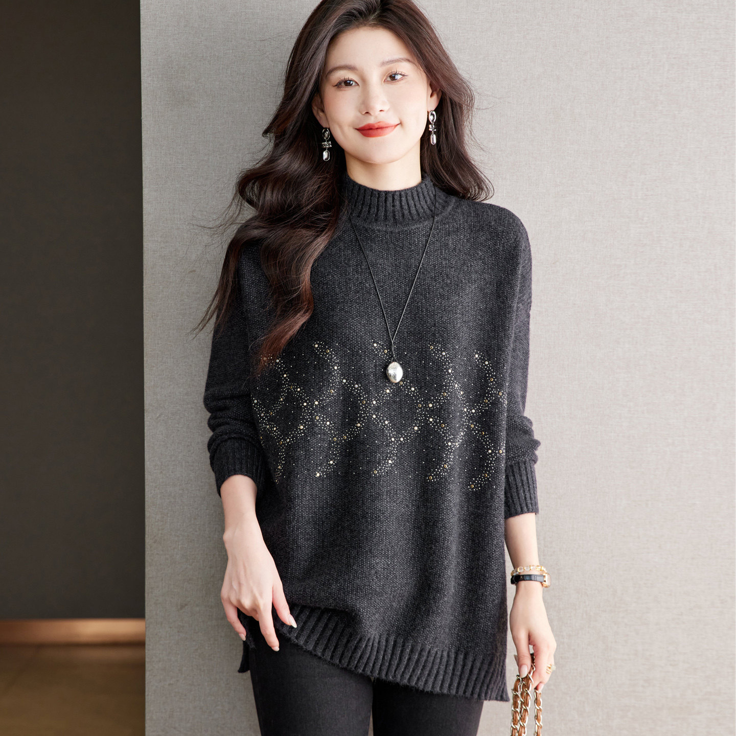 胖mm秋冬加厚羊绒衫女中长款半高领毛衣女宽松大码羊毛针织打底衫