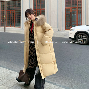 香榭颂大毛领羽绒服女2023新款冬季连帽加厚中长款白鸭绒宽松外套