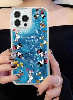 围圈卡通布鲁托适用苹果13Pro手机壳12Promax蓝色闪粉13pm液体流沙iphone11米奇米妮xs防摔xr高飞狗8pl保护套