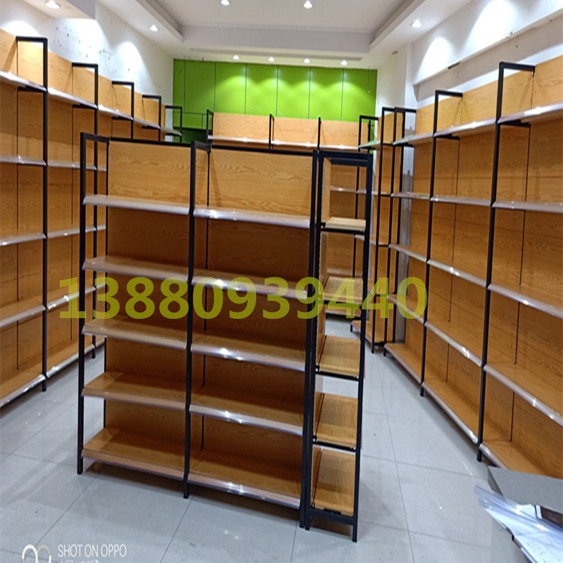 新款四柱木纹超市货架便利店母婴展示柜双面多功能多层置物铁架子