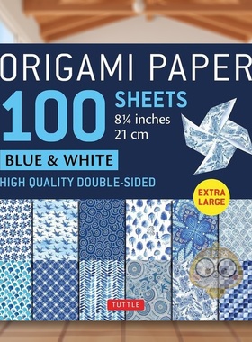 【现货】折纸100张蓝色和白色 8 1/4 英寸（21 厘米）英文手工制作进口原版图书Origami Paper 100 sheets Blue & White书籍外版正