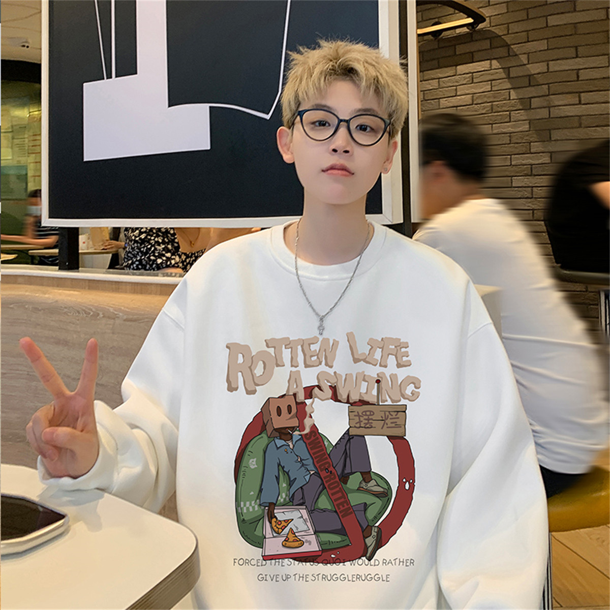 美式圆领卫衣男秋冬款复古宽松百搭外套韩版潮流加绒加厚纯棉上衣