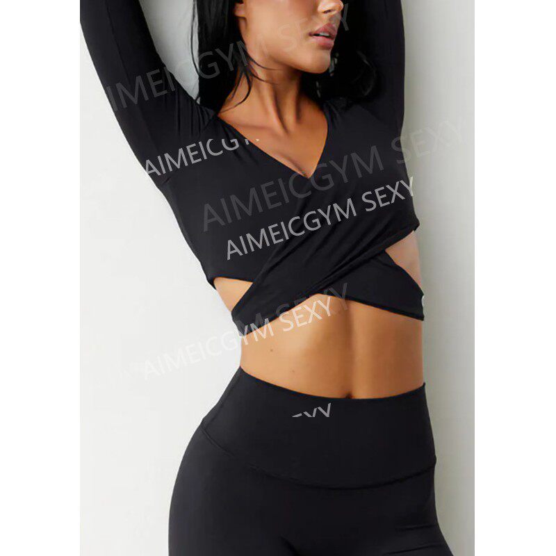 AimeicGym Sexy欧美新款运动深V性感长袖女修身显瘦健身短套头衫