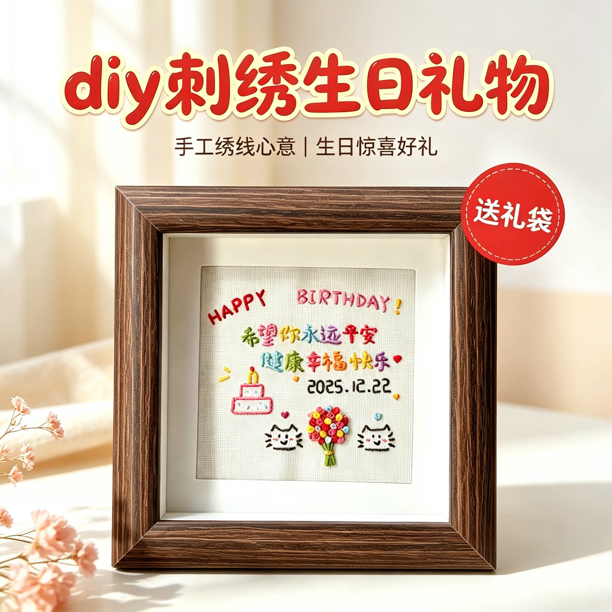 生日快乐刺绣diy相框生日礼物手工自制创意情人节送男女朋友闺蜜