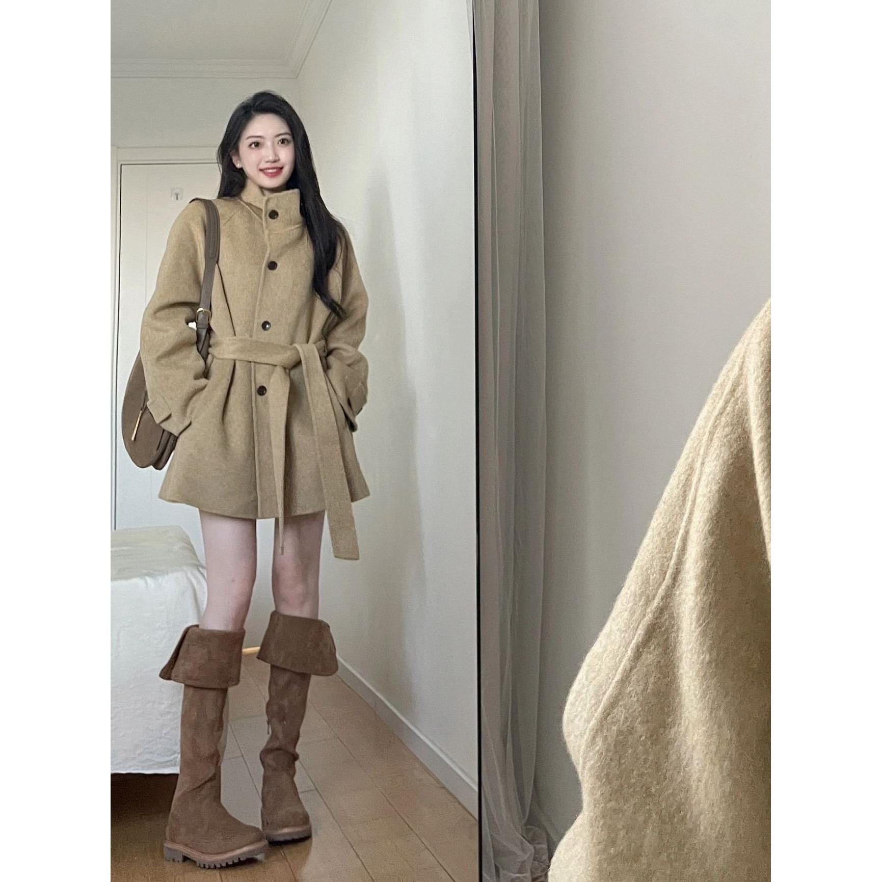 韩版宽松立领双面呢大衣女202毛呢外套