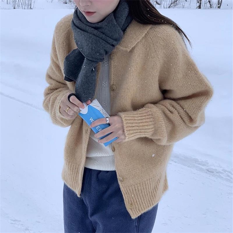 毛衣女韩版chic秋冬季新款小众复古宽松翻领绒感叠搭针织开衫上衣