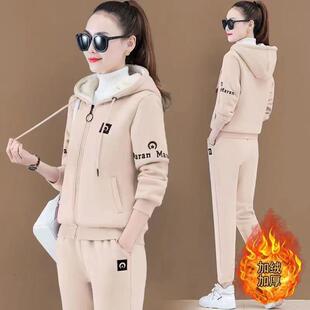 加绒加厚运动套装女秋冬新款韩版羊羔绒拉链卫衣大码休闲服二件套