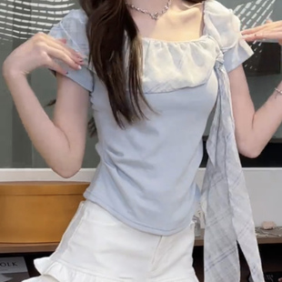 显瘦设计感露肩上衣 法式 蝴蝶结绑带斜肩短袖 t恤女夏季 甜美风修身