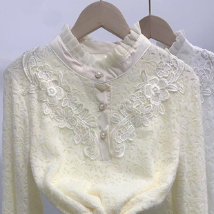 蕾丝半开领衬衫新中式大码宽松长袖水貂绒加绒加厚里衬套头蕾丝衫