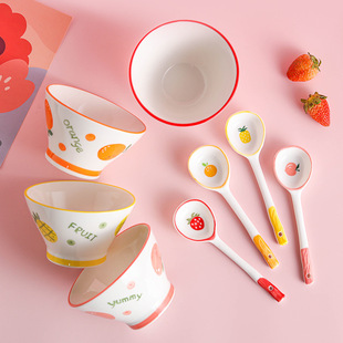 釉下彩饭碗小碗可微波长柄汤勺子高脚碗斗笠碗高颜值家用陶瓷餐具