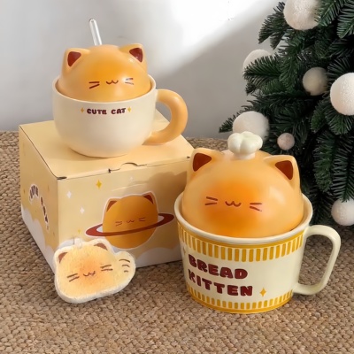 创意泡面碗可爱卡通猫咪陶瓷碗套装早餐盘子家用带盖餐具礼盒送礼