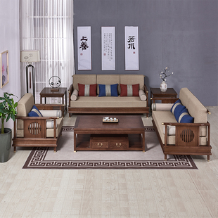 新中式 全实木布艺沙发组合现代简约禅意中国风轻奢别墅客厅家具