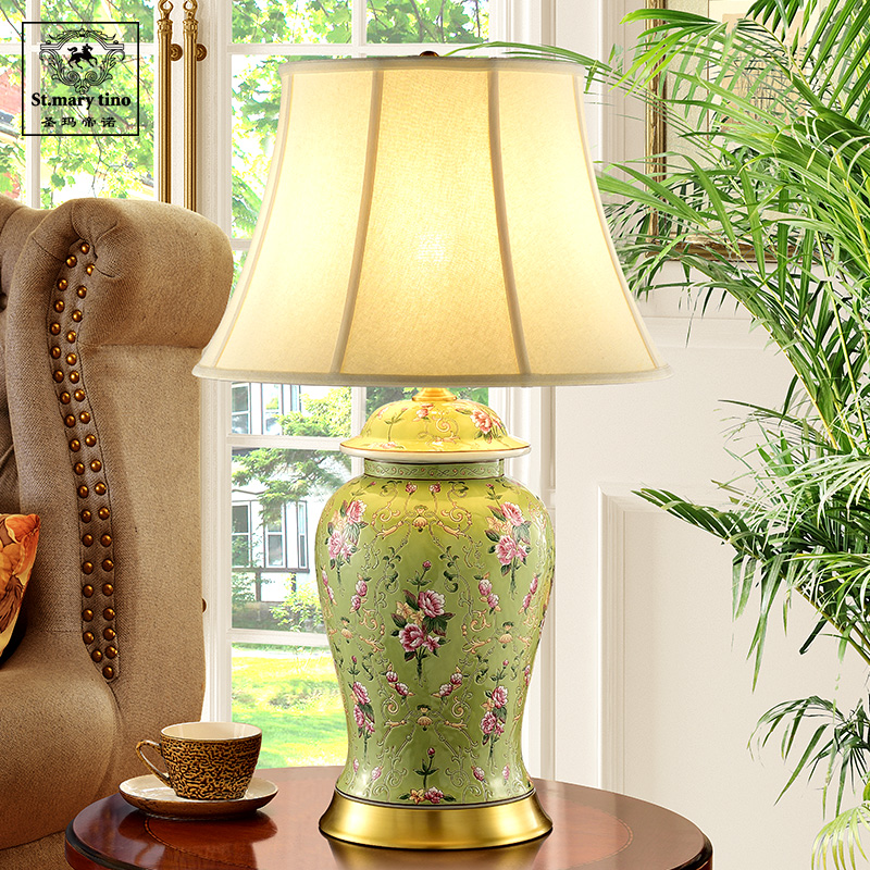 圣玛美式“绿色田园”特大号欧式全铜陶瓷台灯客厅卧室法式床头灯