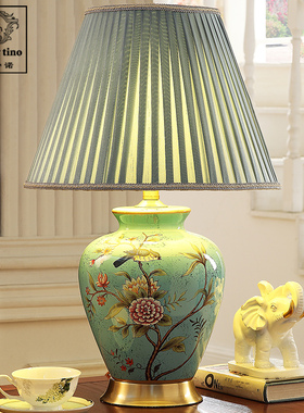 圣玛美式“湖蓝色花鸟”台灯卧室书房客厅全铜陶瓷台灯古典床头灯