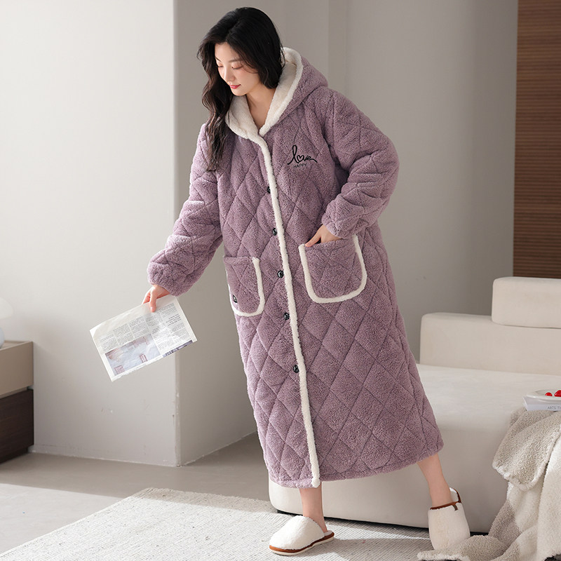 棉睡袍女秋冬季三层加厚长款保暖珊瑚绒夹棉冬季女士加绒睡衣浴袍