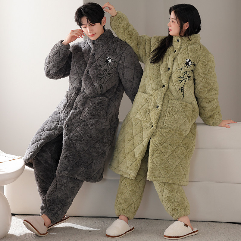 情侣睡衣女秋冬款三层加厚珊瑚绒夹棉冬季加长款睡袍男家居服套装