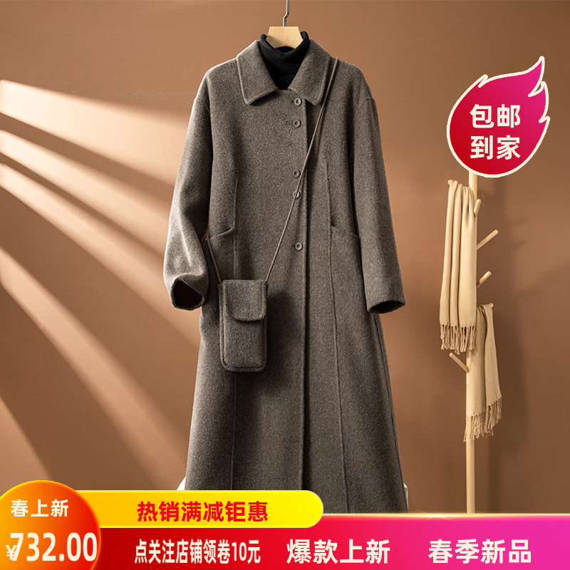 2024双排年秋冬新款韩版灰色双面呢大衣羊绒长款女士秋冬宽松毛呢
