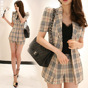 RM9509#新款两件套职业装女装气质名媛短袖时尚OL格子套装裤潮