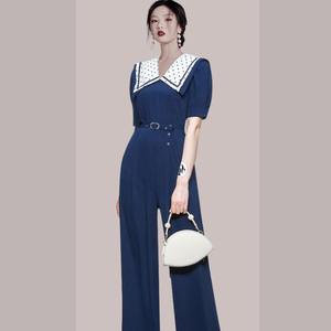 RM9511#夏季新款女短袖宽松垂感阔腿连体长裤气质简约优雅波点女装