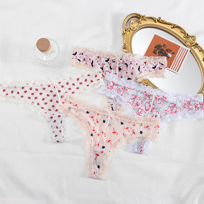欧美情趣性感内裤女蕾丝印花丁字裤女低腰诱惑t裤轻薄柔软三角裤