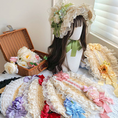 花语 withpuji原创设计田园多色蕾丝蝴蝶结扁帽草帽lolita发饰