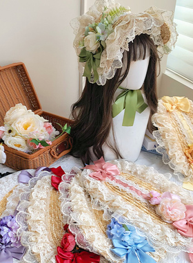 【花语】withpuji原创设计田园多色蕾丝蝴蝶结扁帽草帽lolita发饰