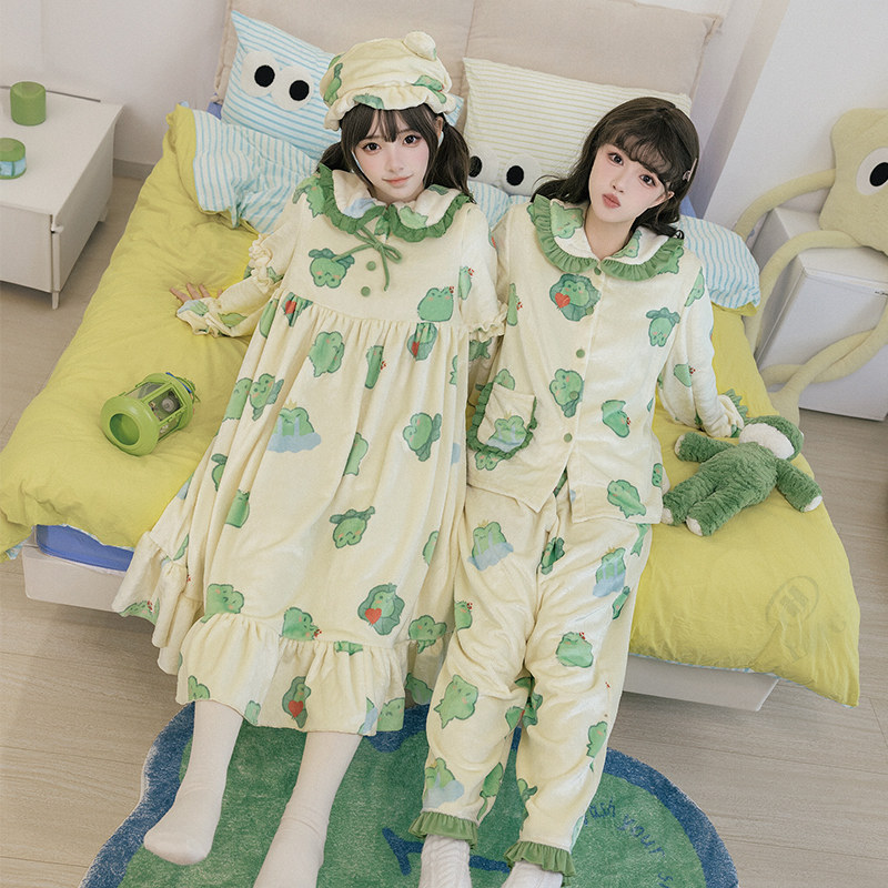 【困困蛙】withpuji原创设计 法兰绒青蛙印花睡衣睡裙双子lolita