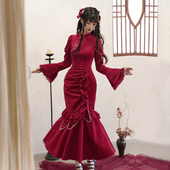 withpuji原创设计中华风长款 时宜 蝴蝶刺绣丝绒鱼尾旗袍秋冬lo