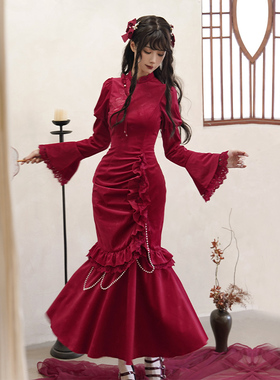 【时宜】withpuji原创设计中华风长款蝴蝶刺绣丝绒鱼尾旗袍秋冬lo