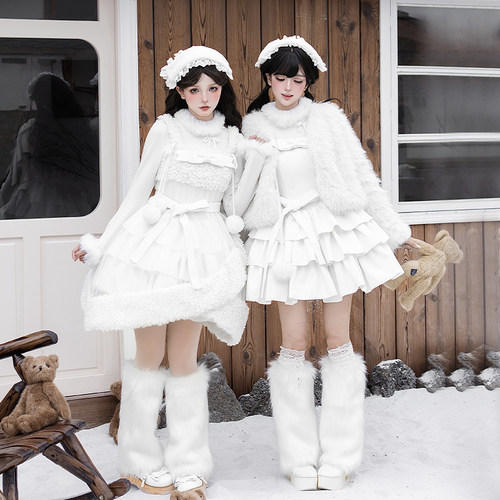 【白巧】withpuji原创设计 毛绒外套三段摆jsk罩裙套装冬季lolita